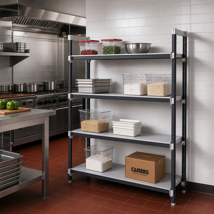 Product image #2 for Cambro Camshelving Elements XTRA 4-Shelf Solid Stationary Add-On Polymer Shelving Unit, 21" D x 48" L x 64" H, Speckled Gray