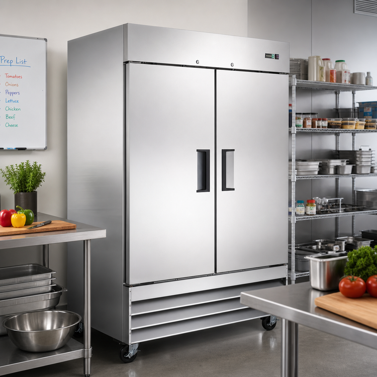 Product image #2 for Omcan USA 54-Inch Two-Section Reach-In Solid Door Refrigerator, 47 Cu. Ft., Bottom-Mount Self-Contained, Stainless Steel