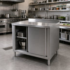 Thumbnail image #2 for Klinger's Trading BCB2448-W/SHELF 48-Inch Stainless Steel Enclosed Work Table with Sliding Doors, Middle Shelf, and 2-Inch Rear Upturn