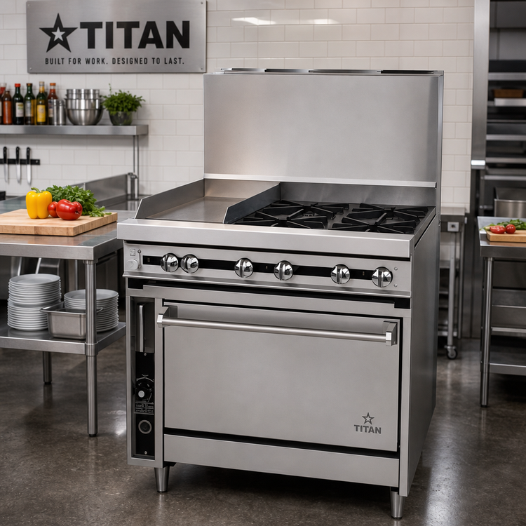 Product image #2 for Titan JTRH-24G-2-36C Heavy Duty Gas Range with (2) Open Burners, (1) 24-Inch Griddle, and Convection Oven