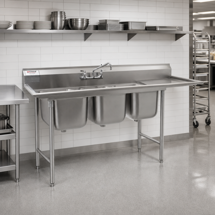 Product image #2 for Eagle Group 414 Series Coved-Corner Three-Compartment Sink with Right-Hand 18-Inch Drainboard, 80-3/4-Inch Wide