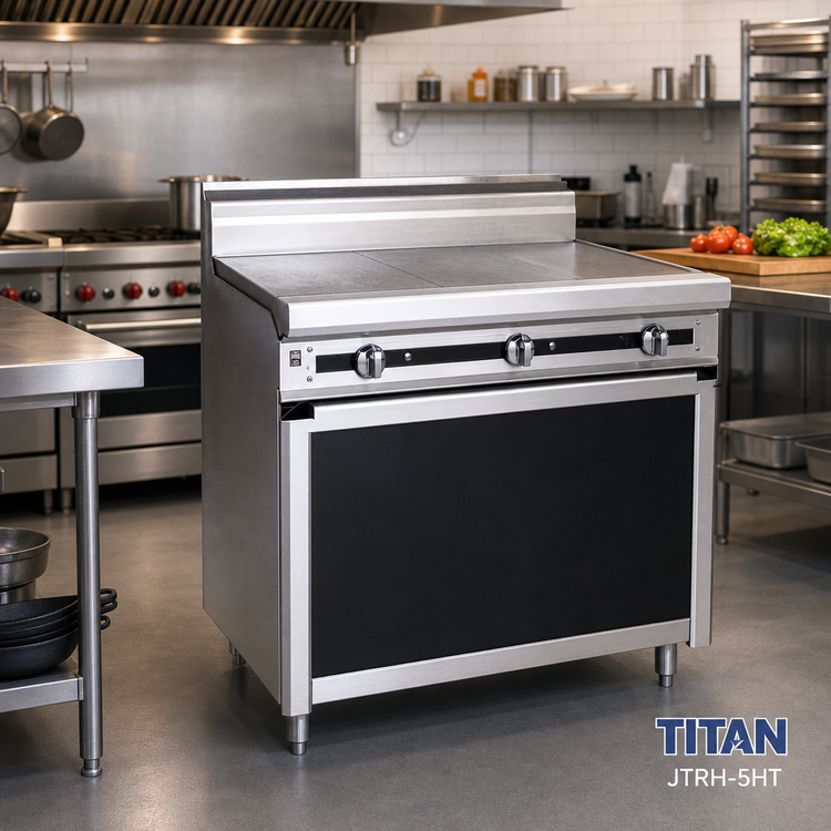 Product image #2 for Titan JTRH-5HT Heavy Duty 60-Inch Gas Hot Top Range with 5 Sections, Cabinet Base
