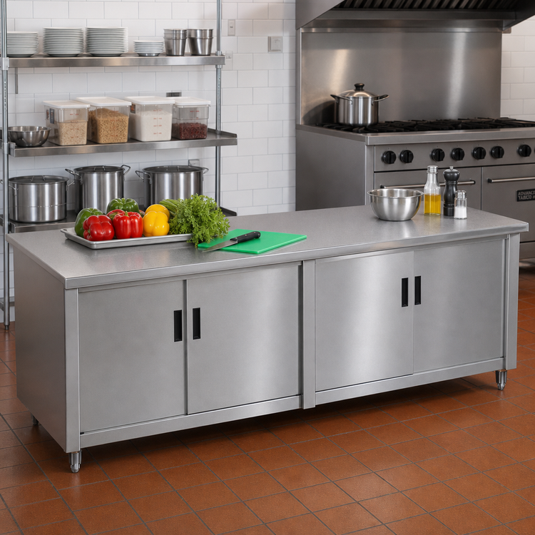 Product image #2 for Advance Tabco Special Value Series Enclosed Work Table with Cabinet Base, Mid-Shelf, and Hinged Doors, 96 x 30 Inches, 16-Gauge 304 Stainless Steel Top
