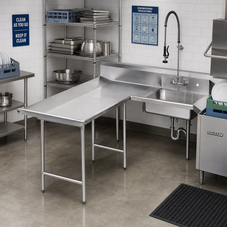 Product image #2 for Advance Tabco Corner L-Shaped Dish Landing Soil Dishtable with Pre-Rinse Sink, Left-to-Right, 119 Inch, 16/304 Stainless Steel