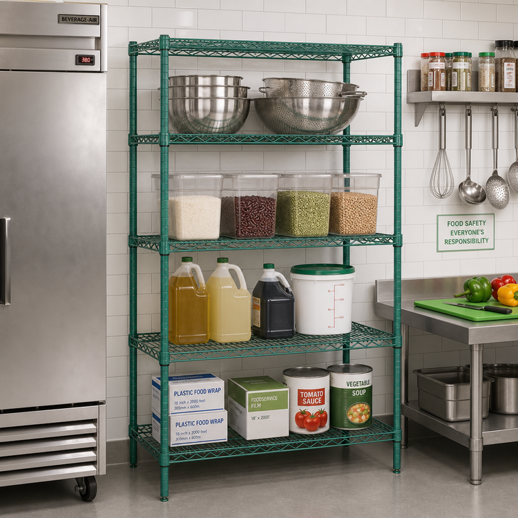 Product image #2 for Quantum Wire Shelving Starter Kit with 4 Shelves, 30"W x 21"D x 63"H, Green Epoxy Antimicrobial Finish