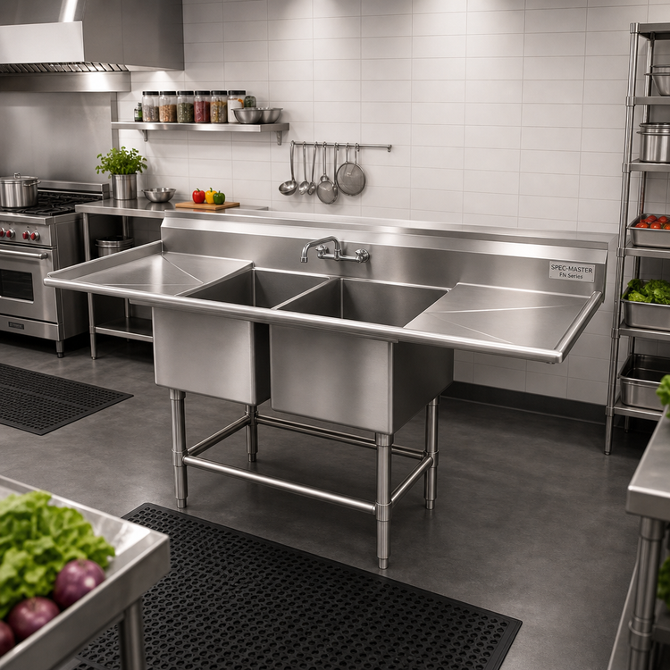 Product image #2 for Spec-Master FN Series Two-Compartment Stainless Steel Sink with Left and Right Drainboards, 24" x 24" x 14" Bowls, 100" Wide