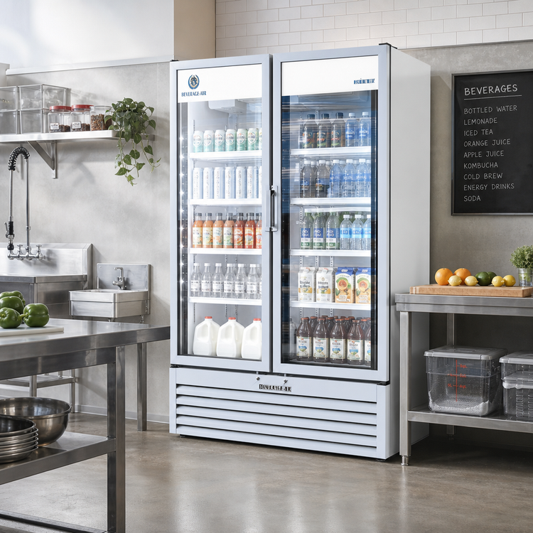 Product image #2 for Beverage Air Marketeer Two-Section Reach-In Glass Door Refrigerated Merchandiser, 41.66 Cu. Ft., White, Bottom-Mounted Self-Contained, R290