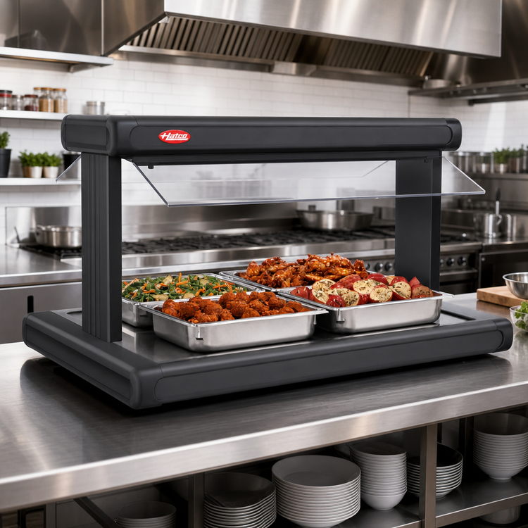 Product image #2 for Hatco Glo-Ray 72-Inch Pass-Thru Countertop Buffet Warmer with Heated Base, Double Acrylic Sneeze Guards, and 5-Pan Capacity