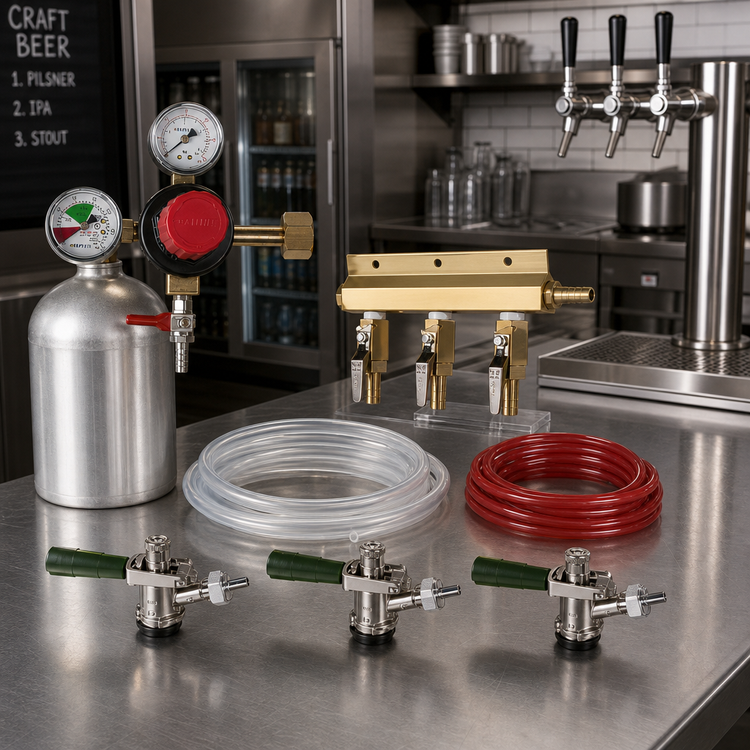 Product image #2 for 3-Faucet Draft Beer Kit with CO2 Regulator, Manifold, Air Lines, and Sankey Taps