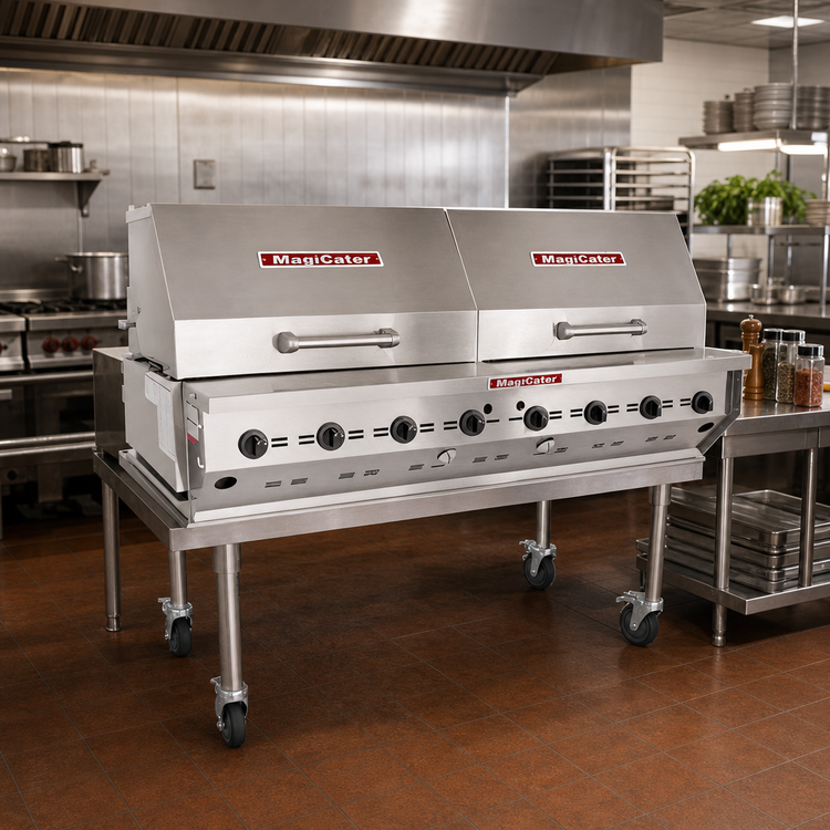 Product image #2 for Magicater 60-Inch Natural Gas Transportable Charbroiler with 8 Burners, Roll-Top Hoods and Casters