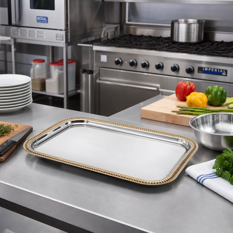 Product image #2 for Odyssey™ Rectangular Chrome-Plated Serving Tray with Gold-Tone Rim, 18-1/4 x 12-13/64 Inches