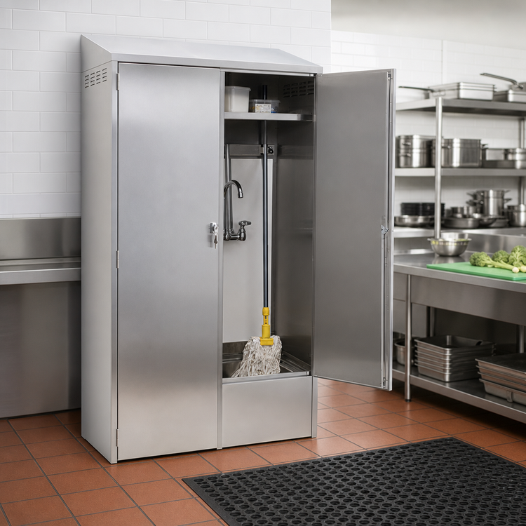 Product image #2 for Eagle Group Double-Width Mop Sink Cabinet with 8-Inch Deep Sink, Faucet, Shelves, and Keyed Locks