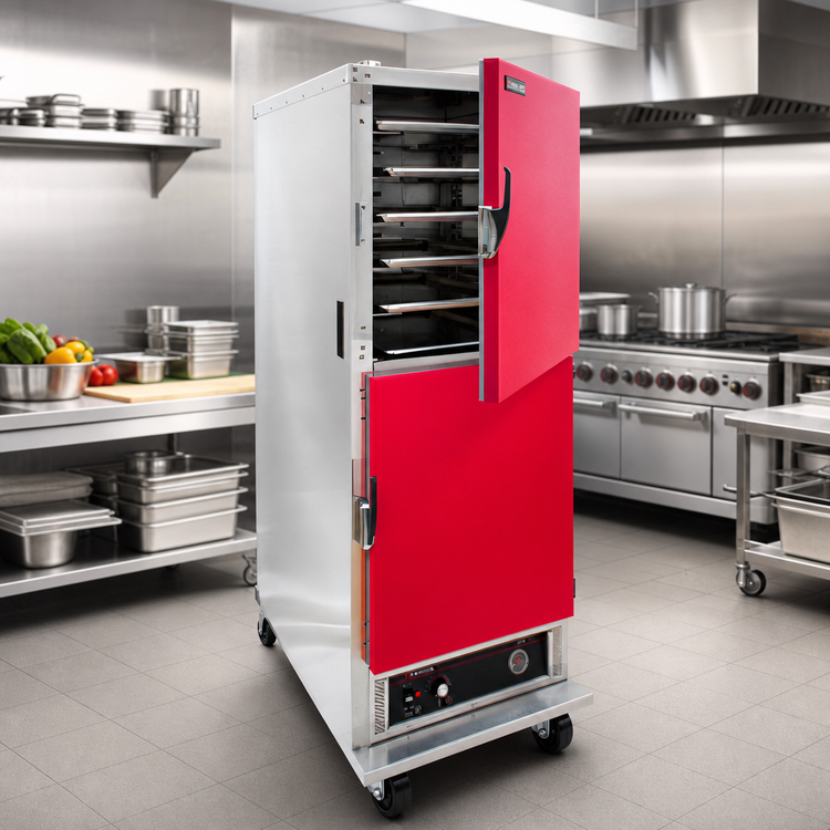Product image #2 for Cres Cor Mobile Heated Holding Cabinet, 1-Section, Bottom-Mount Heater, Red Dutch Doors, 11 Sheet Pan Capacity
