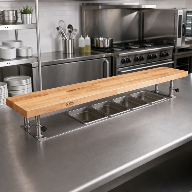 Product image #2 for John Boos 96" x 12" Edge Grain Maple Steam Table Cutting Board with Adjustable Stainless Steel Supports