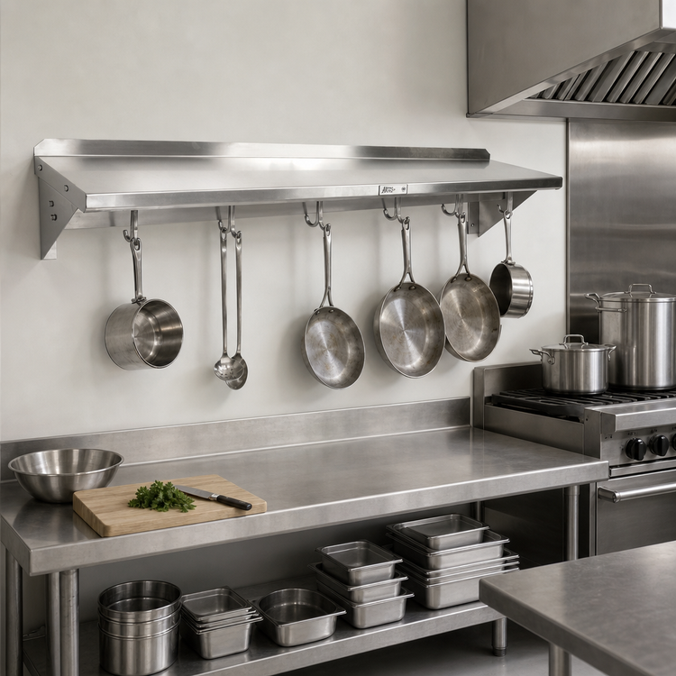 Product image #2 for John Boos Stallion 96-Inch Wall-Mounted 16-Gauge Stainless Steel Pot Rack Shelf with 8 Hooks