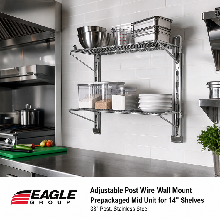 Product image #2 for Eagle Group Adjustable Post Wire Wall Mount Prepackaged Mid Unit for 14-Inch Shelves, 33-Inch Post, Stainless Steel