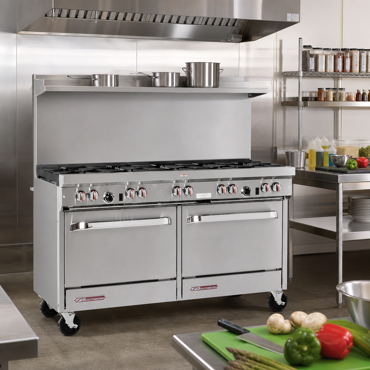 Product image #2 for Southbend S-Series 60-Inch Gas Restaurant Range with 10 Open Burners, Convection Oven, Cabinet Base, and Backriser Hi-Shelf
