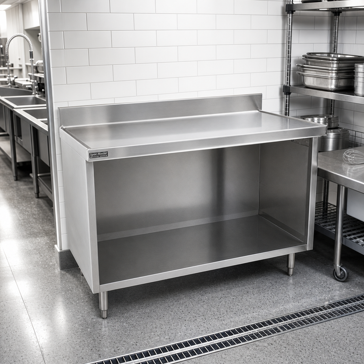 Product image #2 for Spec-Master Marine Series Stainless Steel Work Table with Open Front Cabinet Base, 120 x 30 Inches, 4-1/2 Inch Backsplash