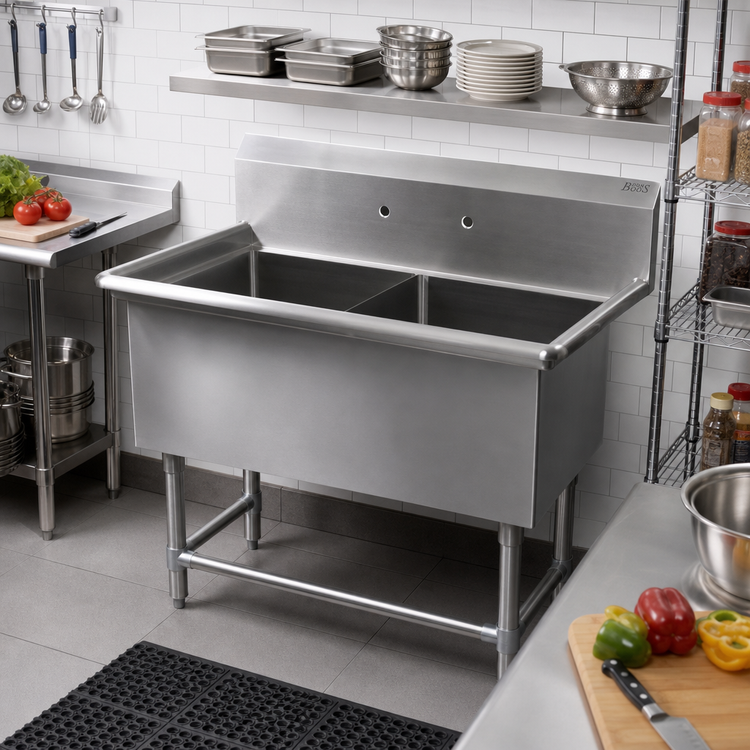 Product image #2 for John Boos Pro-Bowl 2-Compartment Freestanding Stainless Steel Sink with Legs, 10-Inch Backsplash, 65-1/8-Inch Wide