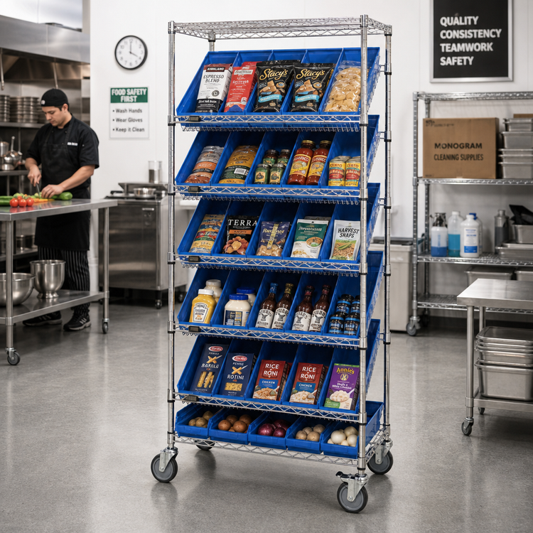 Product image #2 for Quantum Mobile Wire Shelving Bin System with 18 Bins, 7 Shelves, 36 x 18 x 74 Inches, Chrome Plated Finish