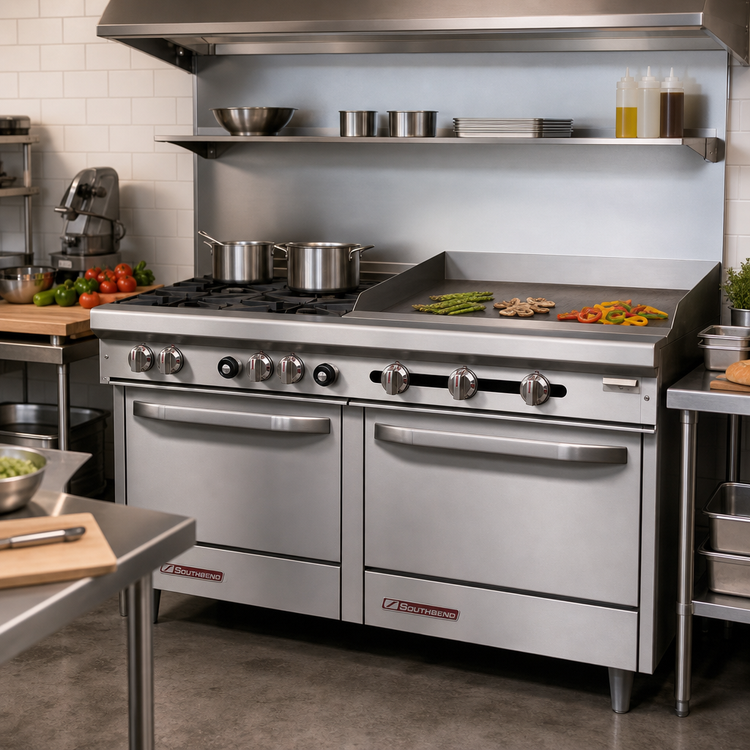 Product image #2 for Southbend S-Series 48-Inch Gas Restaurant Range with 2 Open Burners, 36-Inch Griddle, and 2 Space Saver Ovens