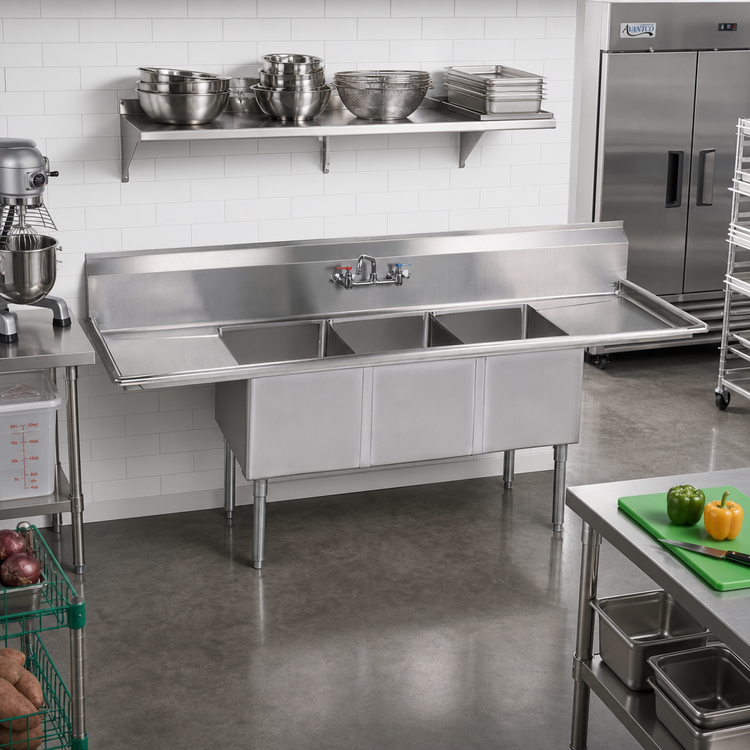 Product image #2 for BK Resources 3-Compartment Commercial Sink with Left and Right Drainboards, 108 Inch Wide, 20 x 30 x 14 Inch Compartments