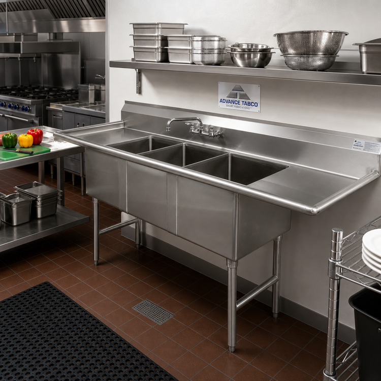Product image #2 for Advance Tabco Fabricated 3-Compartment Sink with Left & Right Drainboards, 84 Inch, 16 Gauge 304 Stainless Steel