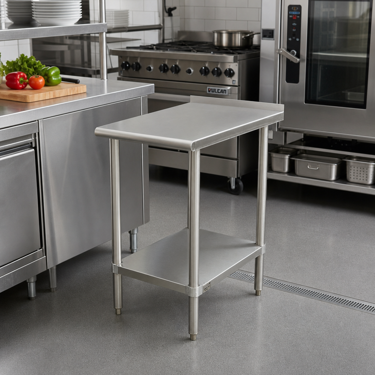 Product image #2 for Advance Tabco 16-Gauge 304 Stainless Steel Equipment Filler Table with Adjustable Undershelf, 18"W x 24"D, 1-1/2" Rear Up-Turn
