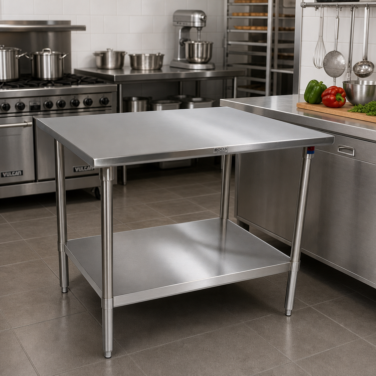 Product image #2 for John Boos Stallion 30 x 30 Inch 16 Gauge Stainless Steel Corner Work Table with Stallion Safety Edge and Adjustable Undershelf