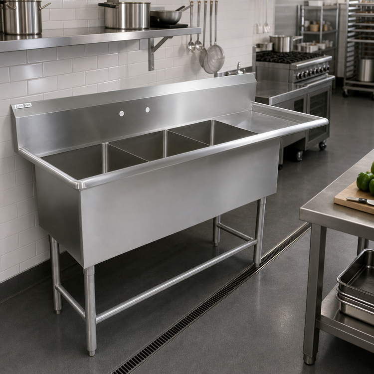 Product image #2 for John Boos Pro-Bowl 3-Compartment Stainless Steel Sink with Right-Hand Drainboard, 30" x 24" x 14" Bowls, 14-Gauge