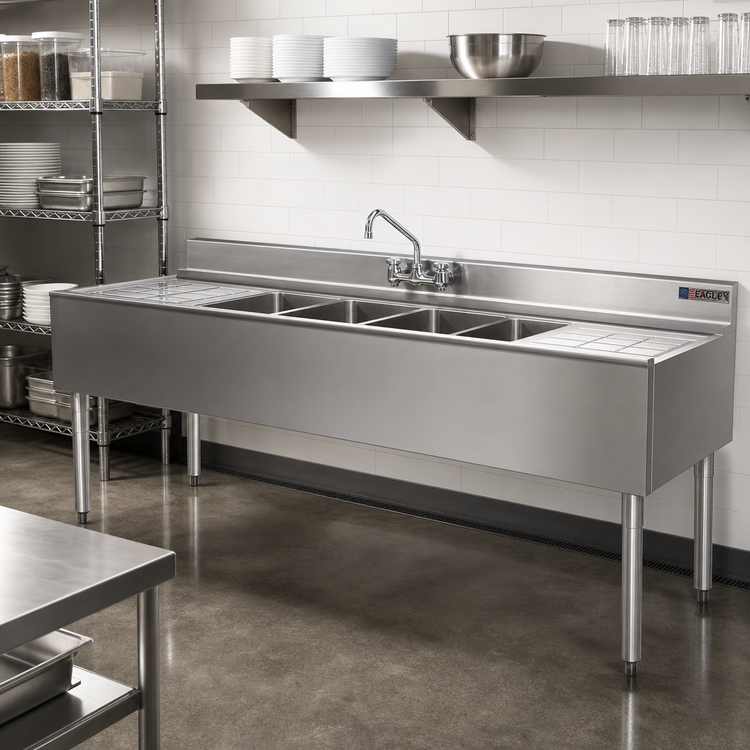 Product image #2 for Eagle 2200 Series Four-Compartment Underbar Sink Unit with Left and Right Drainboards, 96-Inch, 304 Stainless Steel