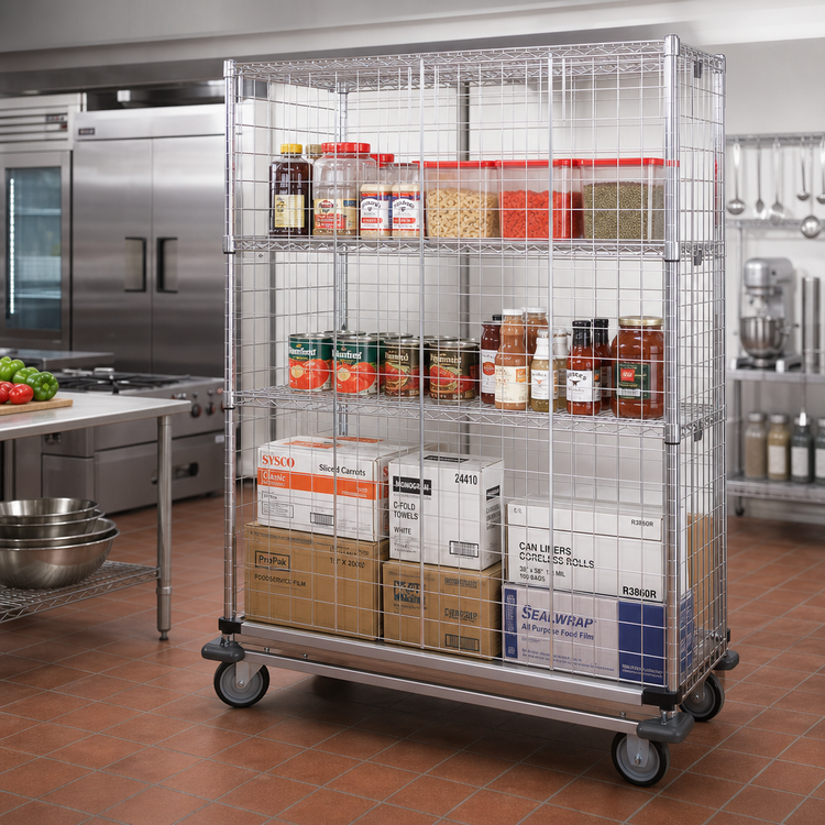 Product image #2 for Quantum Wire Enclosed Mobile Shelving Cart, 60 x 24 x 80 Inches, 1200 lb. Capacity, Chrome Plated
