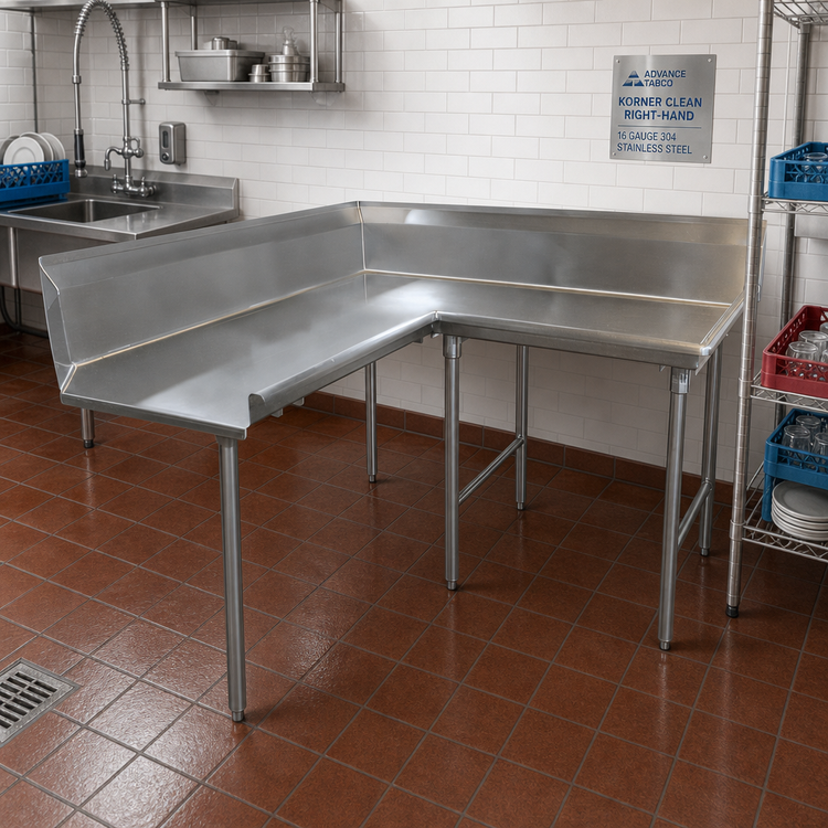Product image #2 for Advance Tabco Korner Clean Right-Hand L-Shaped Dish Table, 120 Inch Nominal, 16 Gauge 304 Stainless Steel