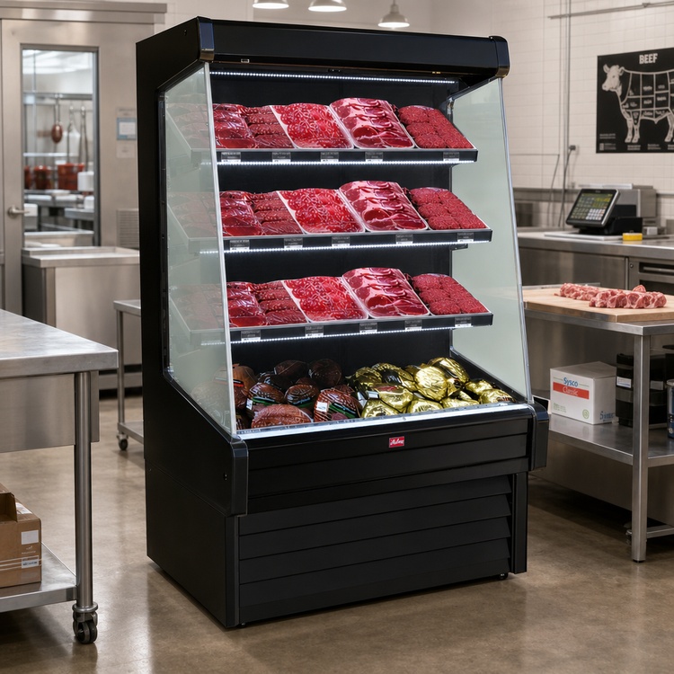 Product image #2 for Howard-McCray Ovation Series 123-Inch Remote Meat Open Merchandiser with 3-Tier LED Shelves, Black