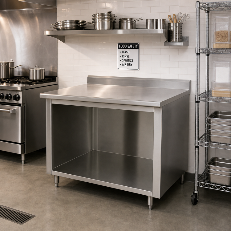 Product image #2 for Advance Tabco 72" x 30" Open Front Cabinet Base Work Table with 5" Backsplash, 14-Gauge 304 Stainless Steel Top
