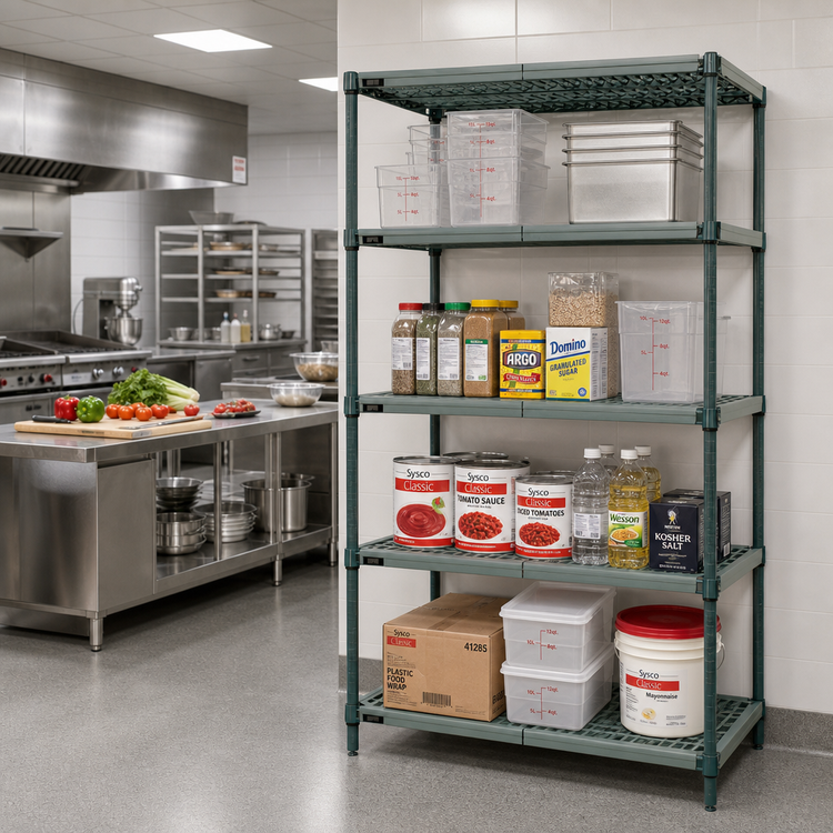 Product image #2 for Quantum 4-Tier Stationary Wire Plastic Mat Shelving Unit, 48"W x 18"D x 86"H, Green Epoxy Antimicrobial Coating