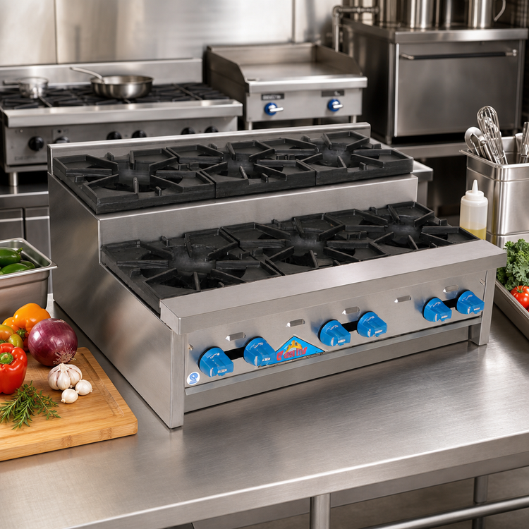 Product image #2 for Comstock-Castle SUFHP36 36-Inch Countertop Step-Up Saute Gas Hot Plate, 6-Burner