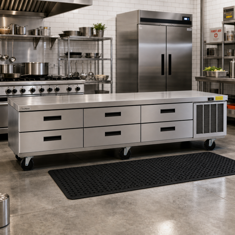 Product image #2 for Delfield Low-Profile Refrigerated Equipment Stand, 99-1/4 Inch Wide, 6 Drawers, Side-Mounted Refrigeration