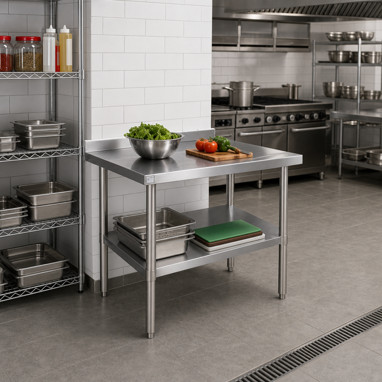 Product image #2 for Heavy-Duty 30 Inch x 30 Inch 18/430 Stainless Steel Corner Work Table with 2 Inch Backsplash