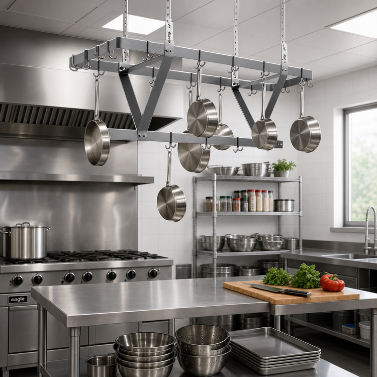 Product image #2 for Eagle Group Ceiling-Mounted Triple-Bar Stainless Steel Pot Rack with 15 Hooks, 52 x 20 x 18 Inches