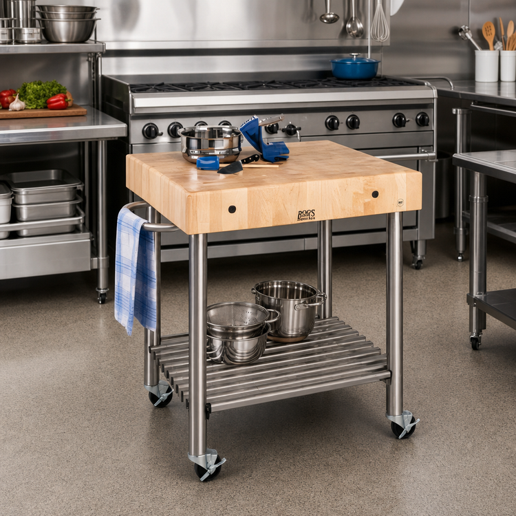 Product image #2 for John Boos Cucina D'Amico 30" x 24" Maple End-Grain Butcher Block Cart with Stainless Steel Base