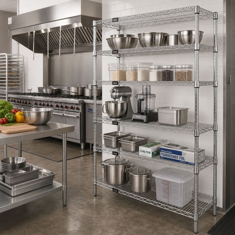 Product image #2 for Quantum 72-Inch W x 21-Inch D x 63-Inch H 5-Shelf Stationary Wire Shelving Starter Kit, 304 Stainless Steel