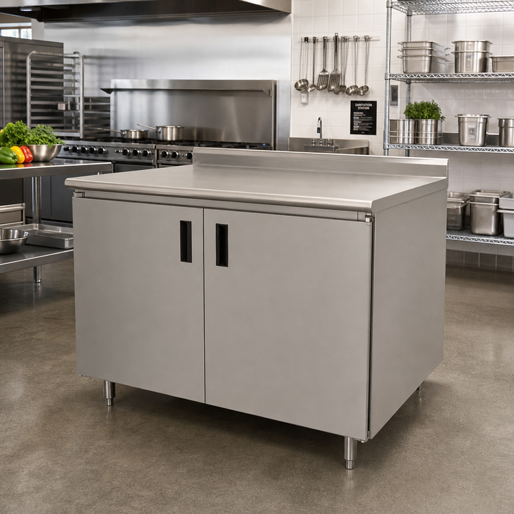 Product image #2 for Advance Tabco 96" x 24" Enclosed Stainless Steel Work Table with Cabinet Base, Hinged Doors, and 1-1/2" Rear Up-Turn