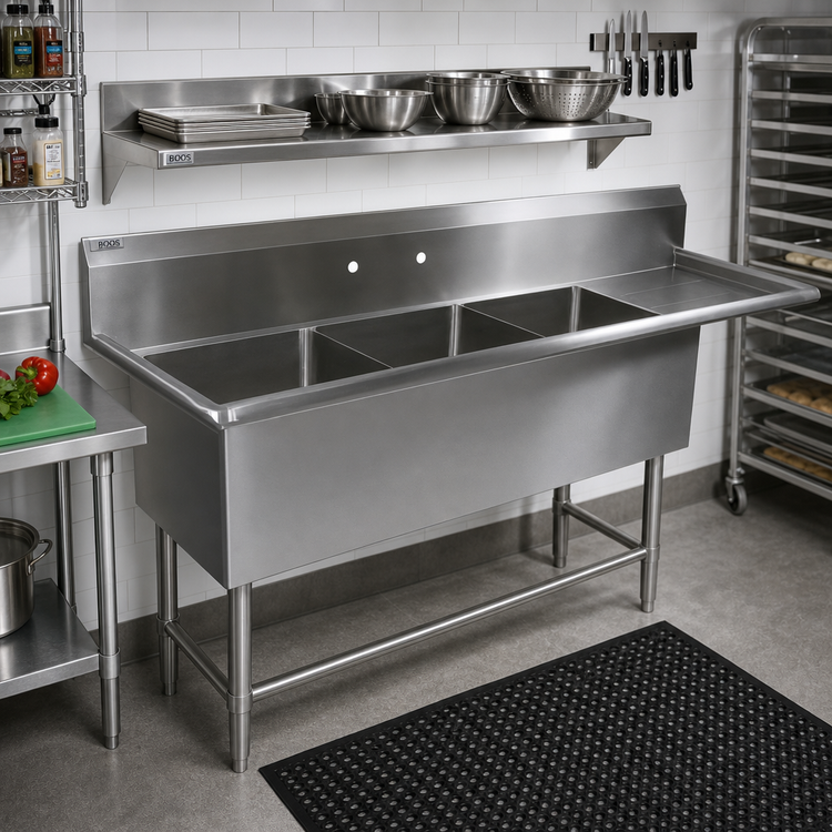 Product image #2 for John Boos Pro-Bowl 3-Compartment Sink with Right Drainboard, 20" x 20" x 12" Bowls, 14-Gauge Stainless Steel
