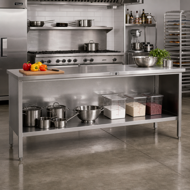 Product image #2 for John Boos Enclosed Base Open Front Stainless Steel Work Table with Undershelf, 96 x 30 Inches, 14-Gauge Top