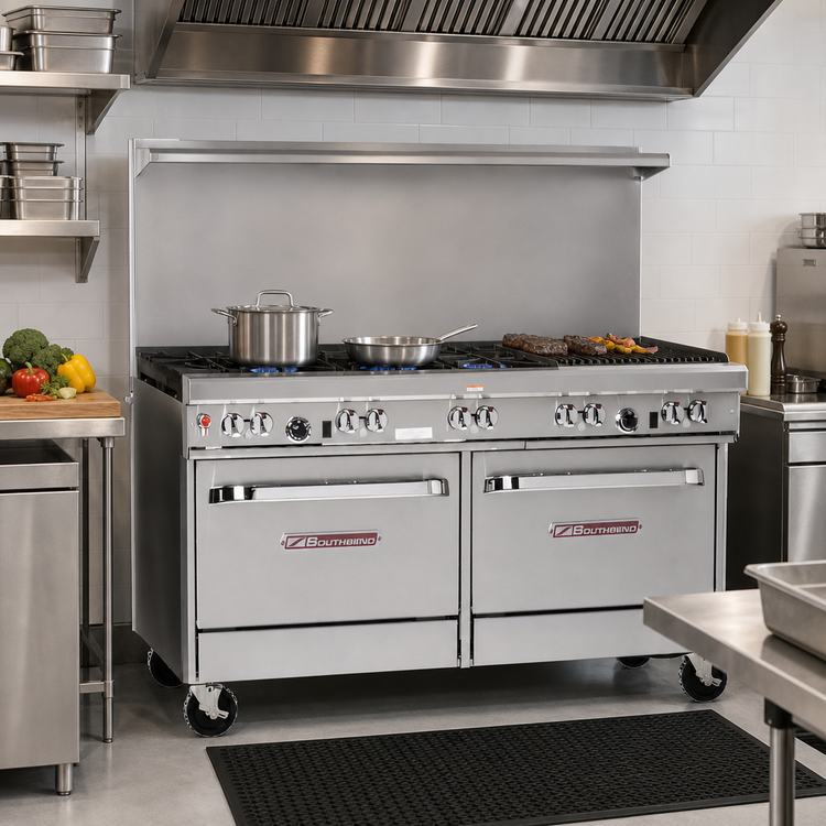 Product image #2 for Southbend Ultimate 60-Inch Commercial Gas Range with 5 Open Burners, 24-Inch Charbroiler, Standard Oven, and Cabinet Base