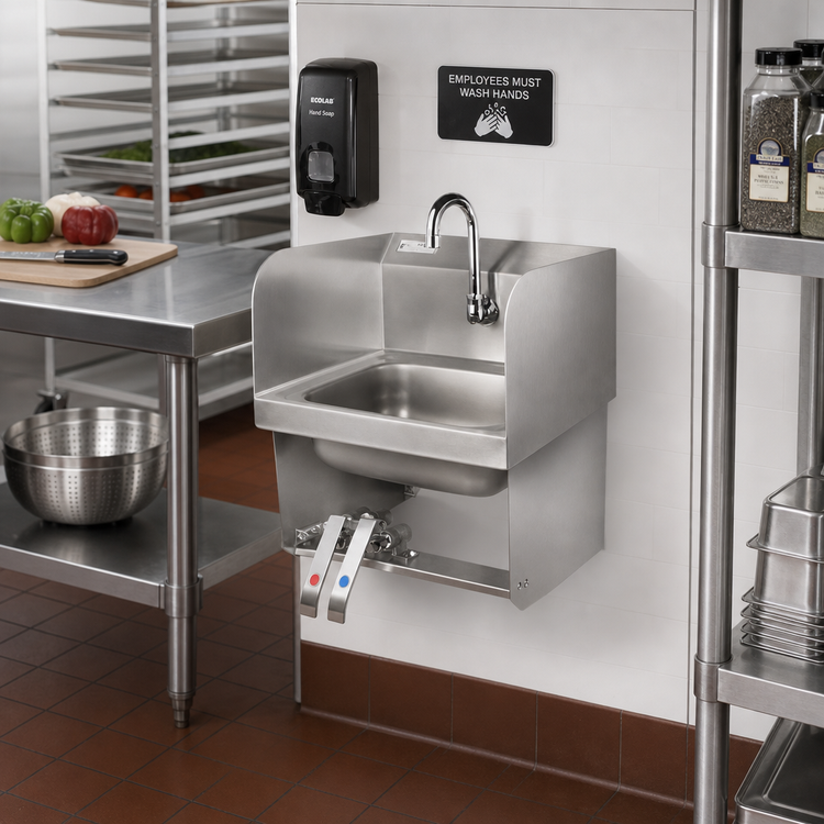 Product image #2 for John Boos Pro-Bowl Wall-Mount Hand Sink with Double Knee Valves, Side Splashes, and Gooseneck Spout, 14 x 10 x 5 Inch Bowl
