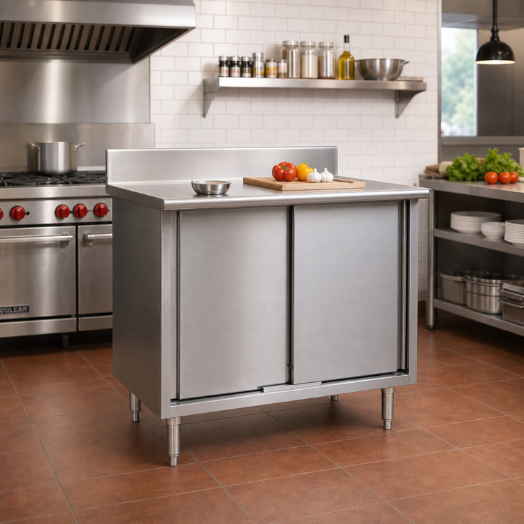 Product image #2 for Eagle Spec-Master Stainless Steel Cabinet Base Work Table with Sliding Doors and 4-1/2-Inch Backsplash, 36 x 24 Inches