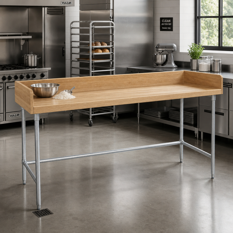Product image #2 for Advance Tabco TBG-367 84-Inch Wood Top Bakers' Table with 4-Inch Rear and Side Splashes, Galvanized Base