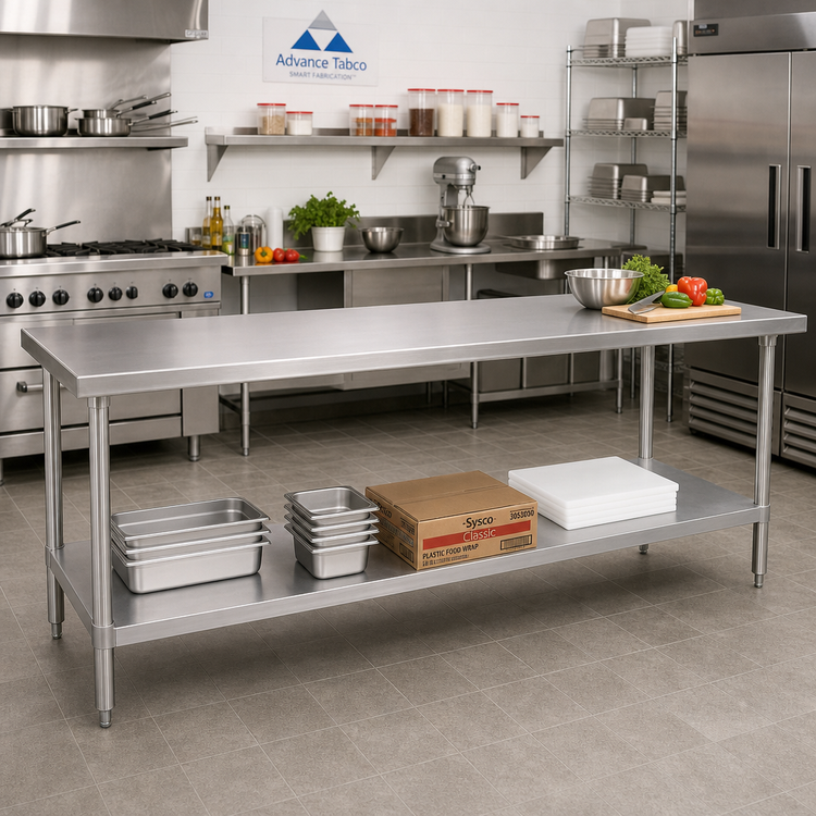 Product image #2 for Advance Tabco 144-Inch x 24-Inch 16-Gauge 304 Stainless Steel Work Table with Adjustable Undershelf